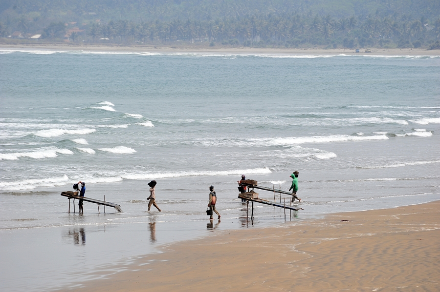 바닷가 해변에서 사금채취하는 모습